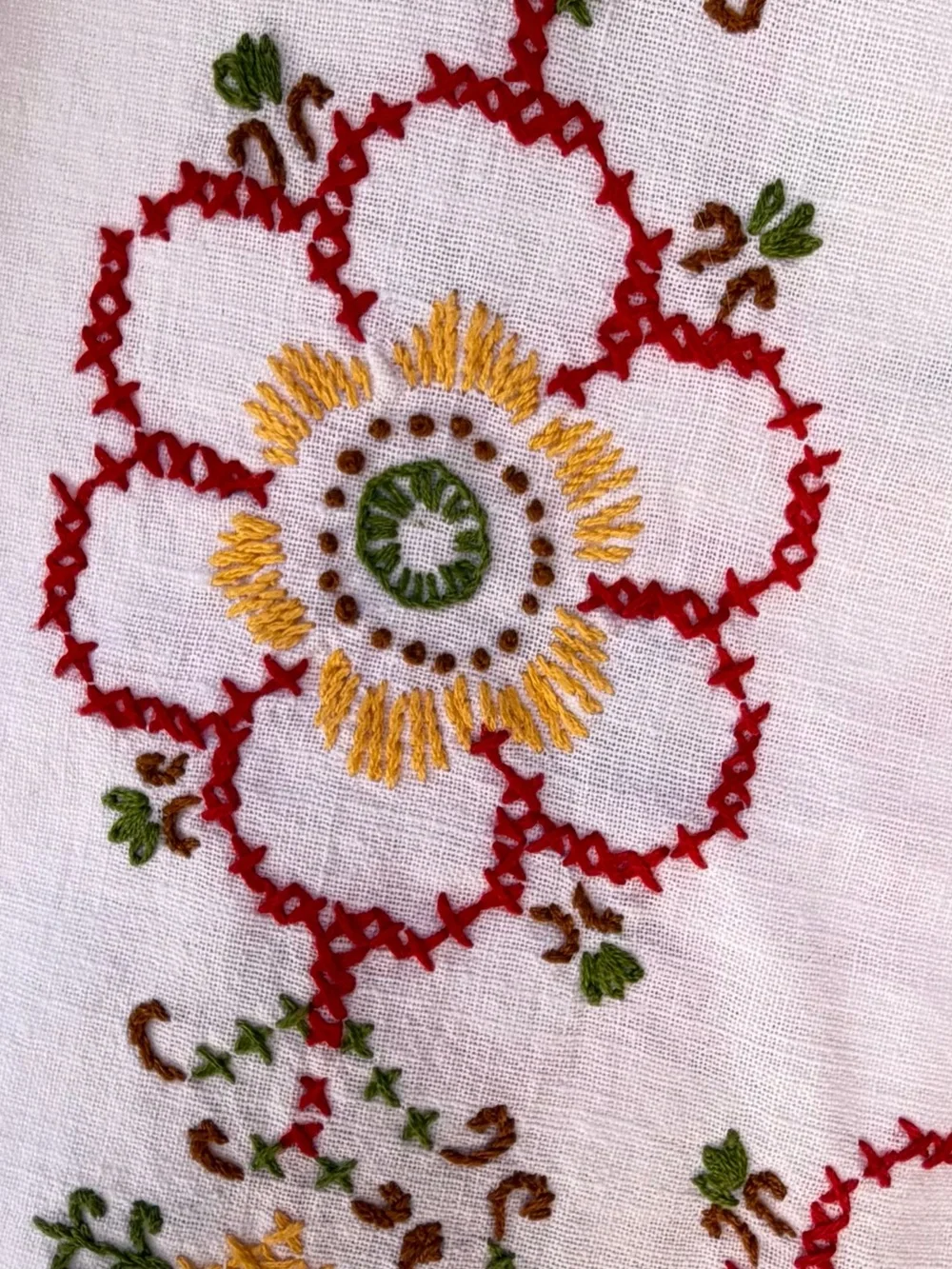 Vintage Hand Embroidered Linen Table Topper 37” Square Floral Cottagecore
